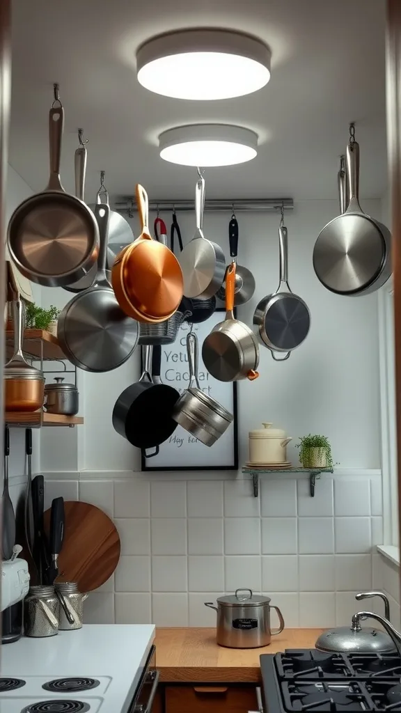 Kitchen with pots and pans hanging from the ceiling, showcasing a compact and organized space.