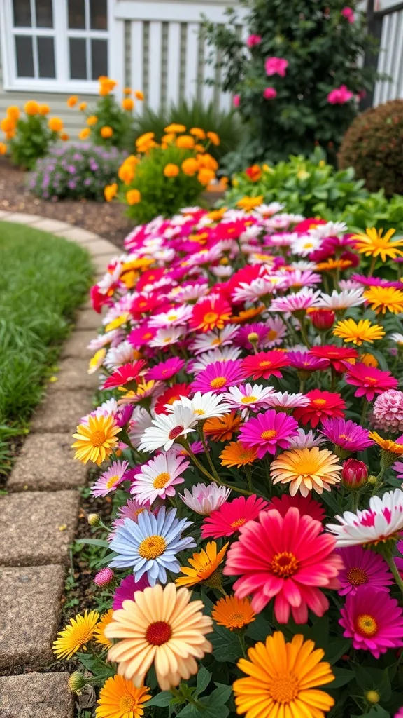 A colorful flower bed with a variety of flowers including pink, orange, and white blooms next to a stone path.
