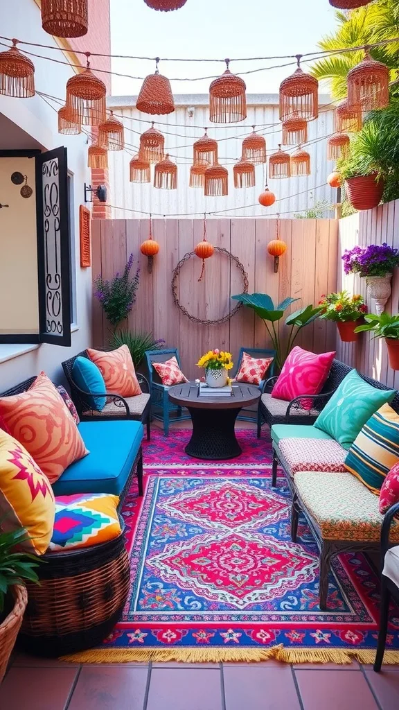 A vibrant patio decorated with colorful cushions, a patterned rug, and hanging lanterns.