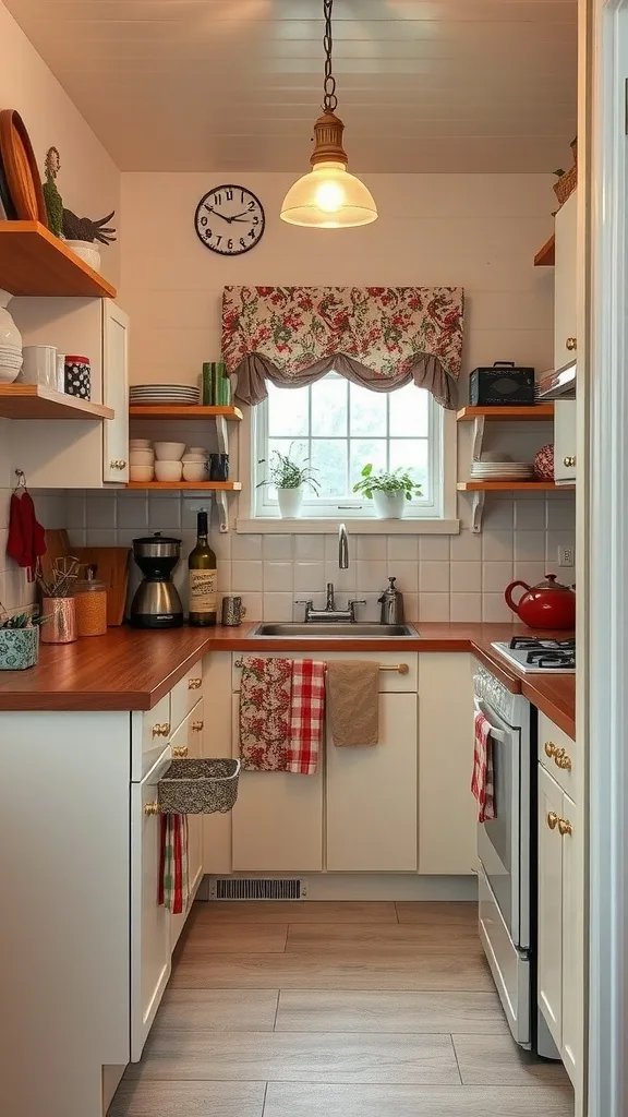 A small kitchen featuring vintage decor with floral curtains, wooden shelves, and retro appliances.