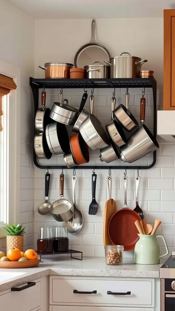 A wall-mounted pot rack displaying various cooking utensils and pots in a modern kitchen.