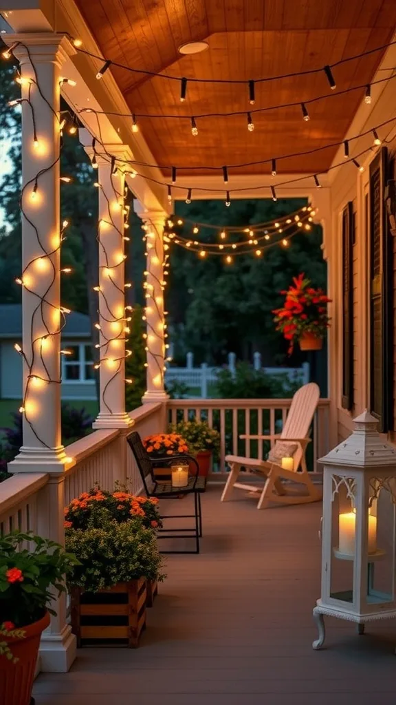A cozy porch with warm string lights and lanterns illuminating the area.