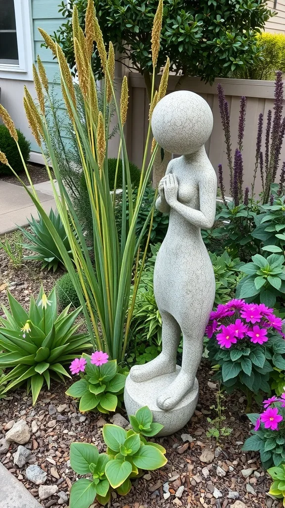 A whimsical garden sculpture of a figure with a smooth body, surrounded by vibrant flowers and tall plants.